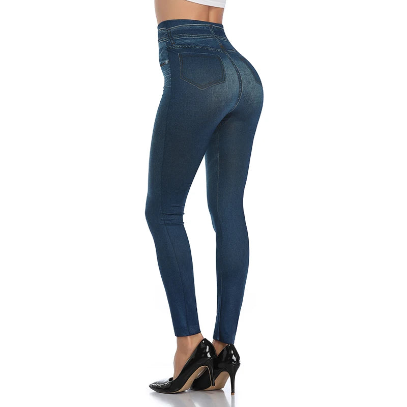Push Up Seamless Faux Denim Leggings - High Waist Elastic Skinny Pencil Pants