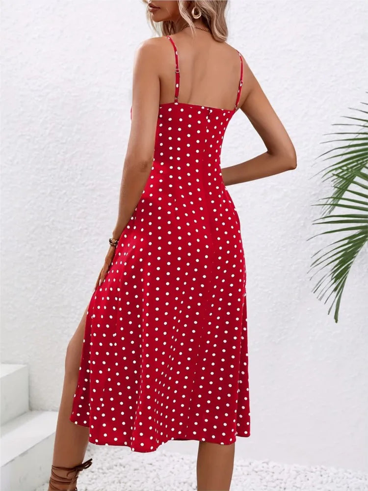 2024 Polka Dot Spaghetti Strap Midi Dress - Sexy Boho Beach Summer Fashion
