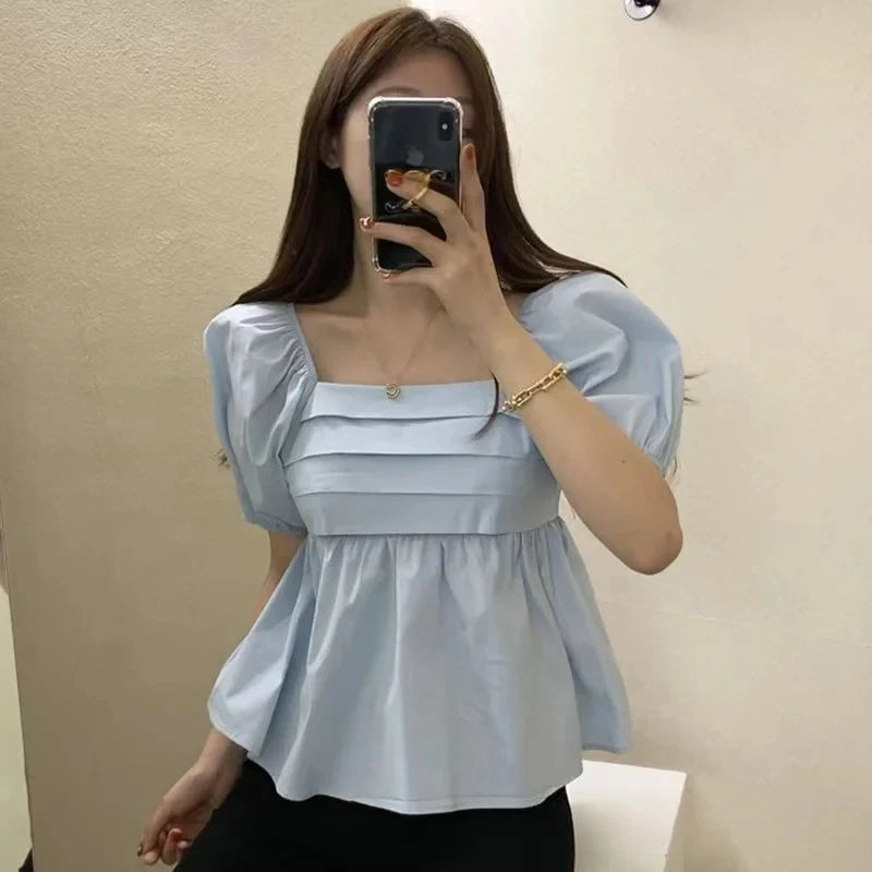 Women's Square Neck White Blouse - Elegant Puff Sleeve Casual Pleated Top