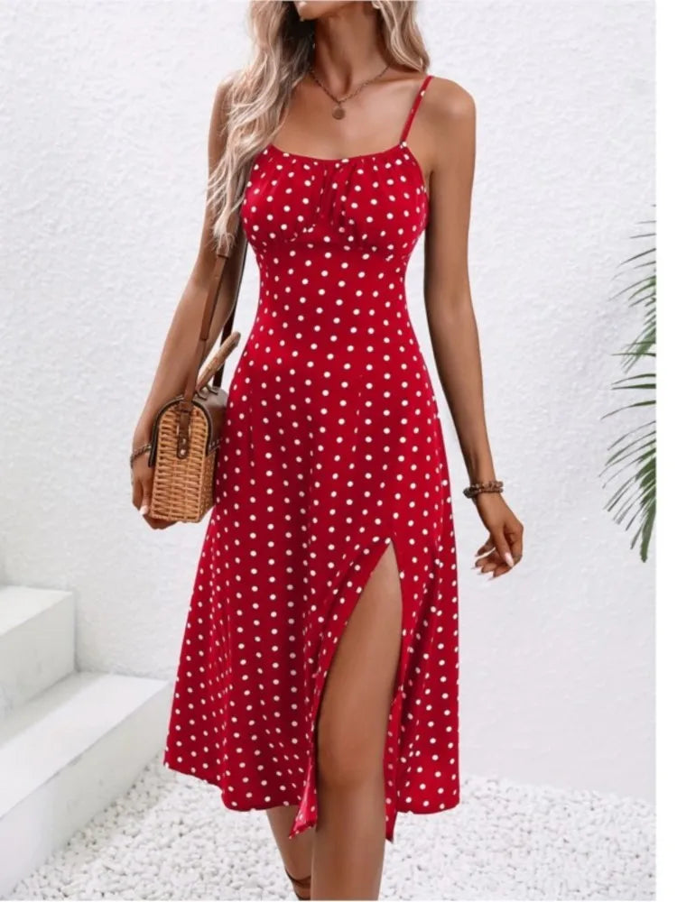 2024 Polka Dot Spaghetti Strap Midi Dress - Sexy Boho Beach Summer Fashion