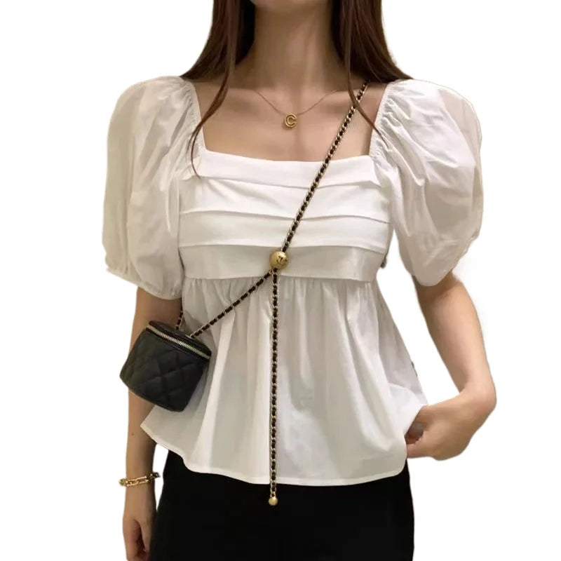 Women's Square Neck White Blouse - Elegant Puff Sleeve Casual Pleated Top