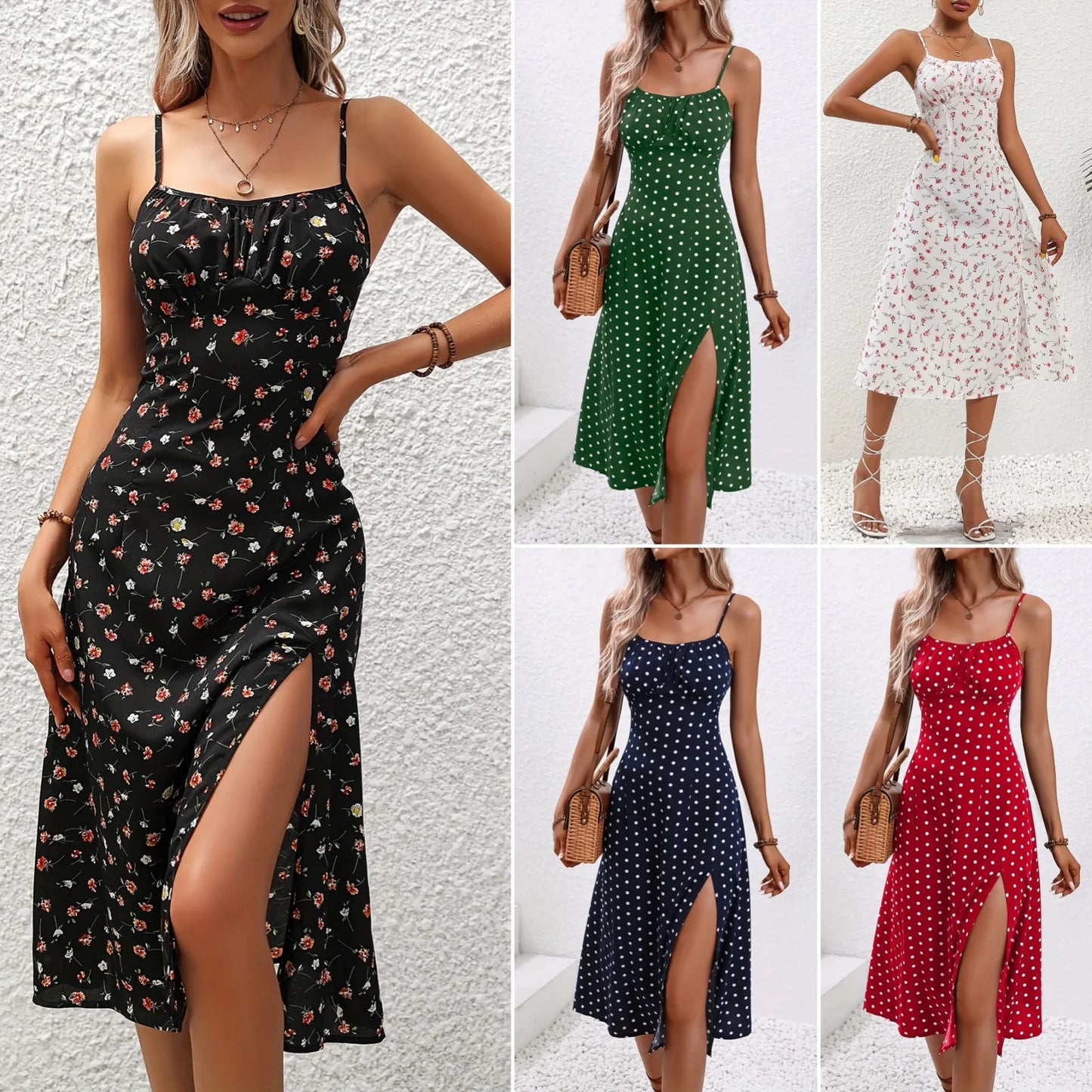 2024 Polka Dot Spaghetti Strap Midi Dress - Sexy Boho Beach Summer Fashion