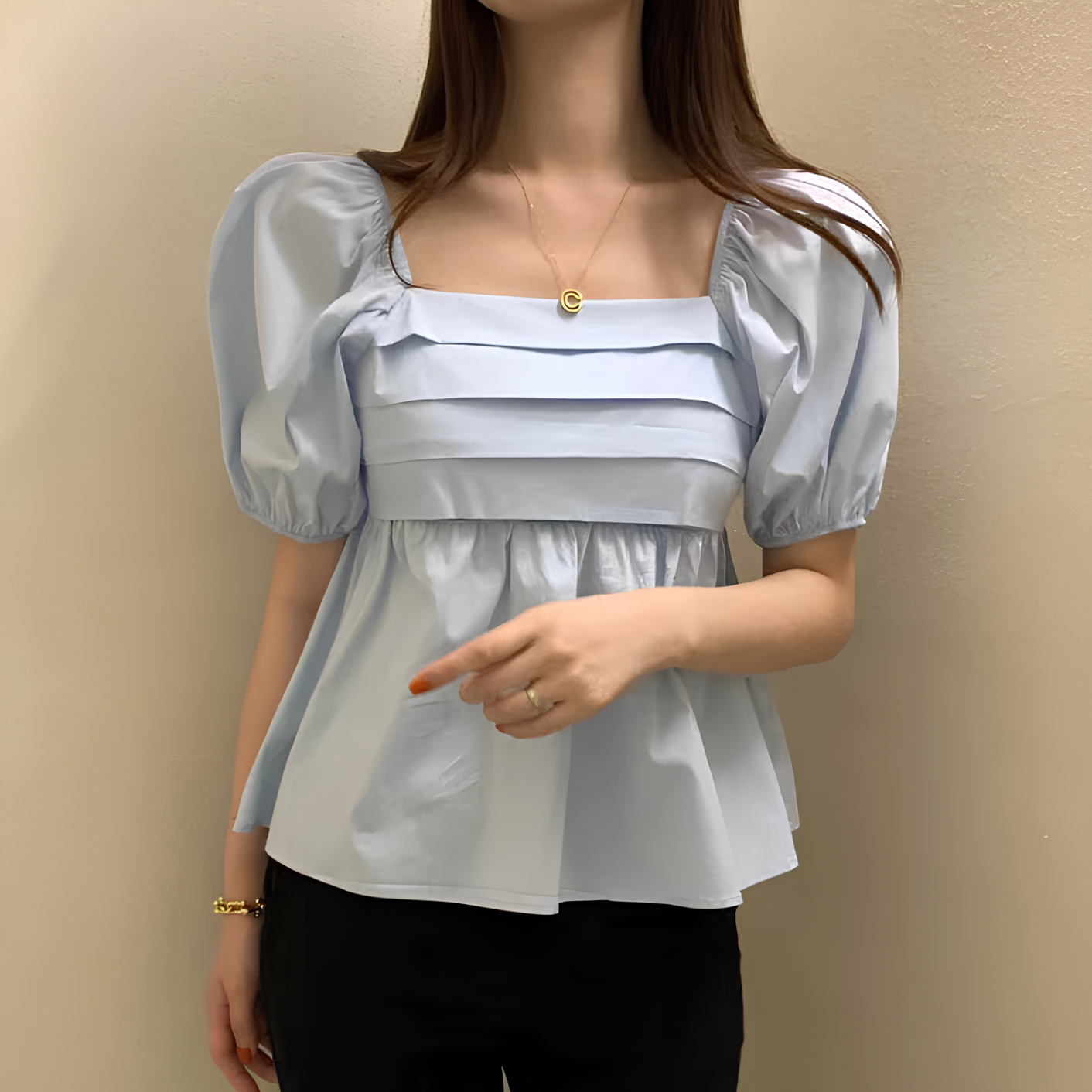 Women's Square Neck White Blouse - Elegant Puff Sleeve Casual Pleated Top