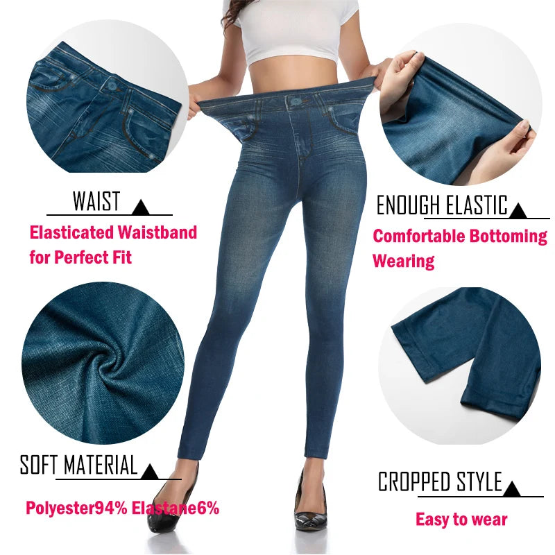 Push Up Seamless Faux Denim Leggings - High Waist Elastic Skinny Pencil Pants