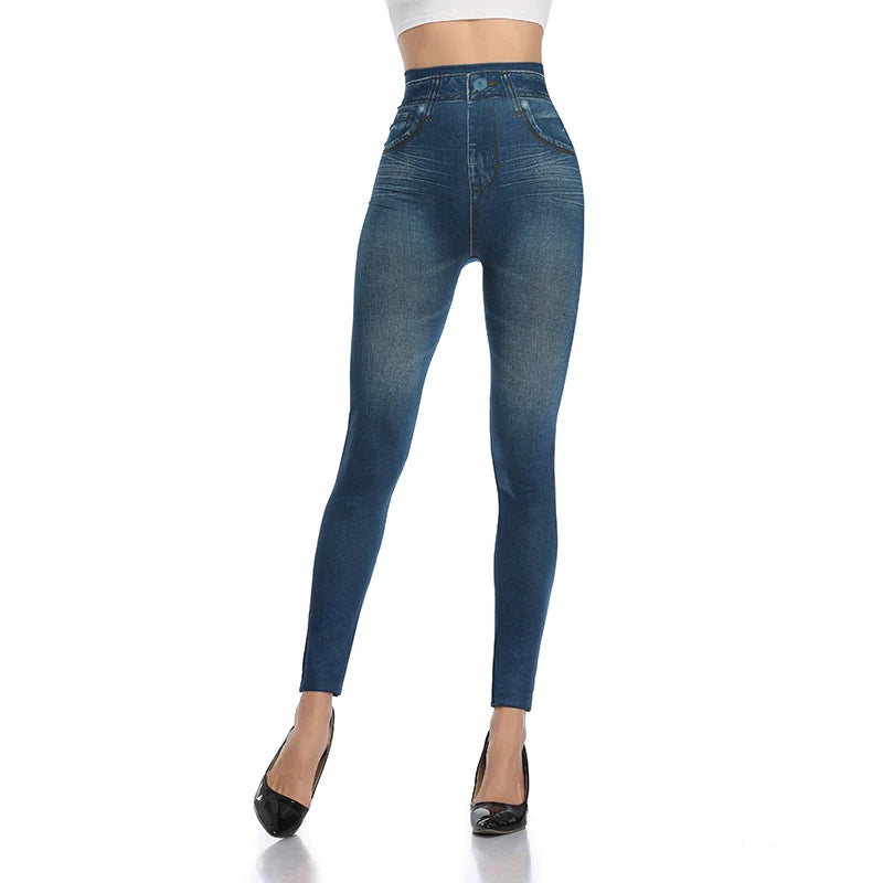 Push Up Seamless Faux Denim Leggings - High Waist Elastic Skinny Pencil Pants