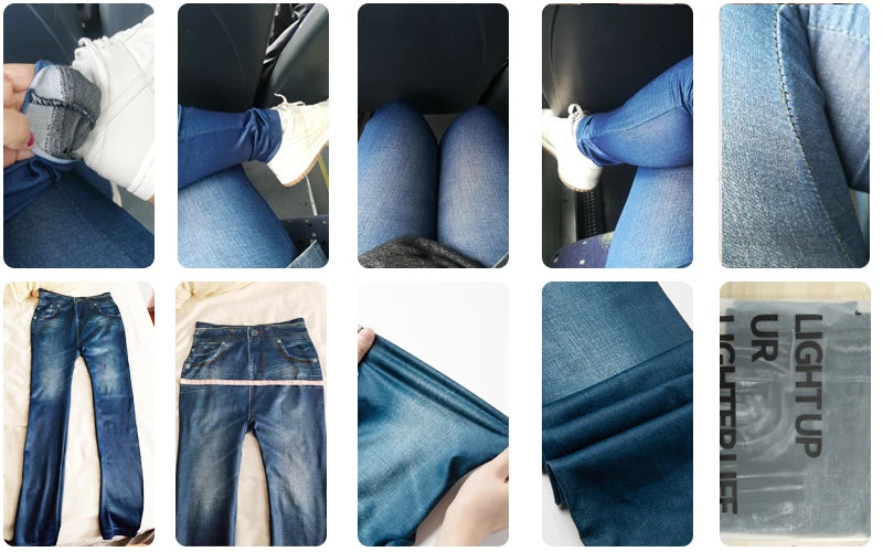 Push Up Seamless Faux Denim Leggings - High Waist Elastic Skinny Pencil Pants