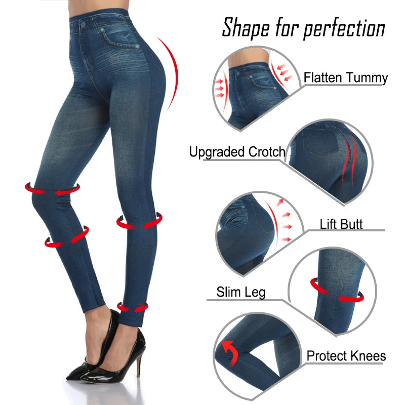 Push Up Seamless Faux Denim Leggings - High Waist Elastic Skinny Pencil Pants