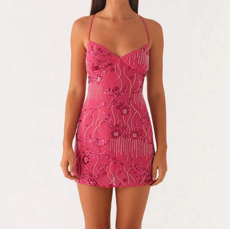 2025 Sequin Beaded Mini Dress: Sexy V-Neck, Sleeveless with Backless Criss Cross Straps for Women