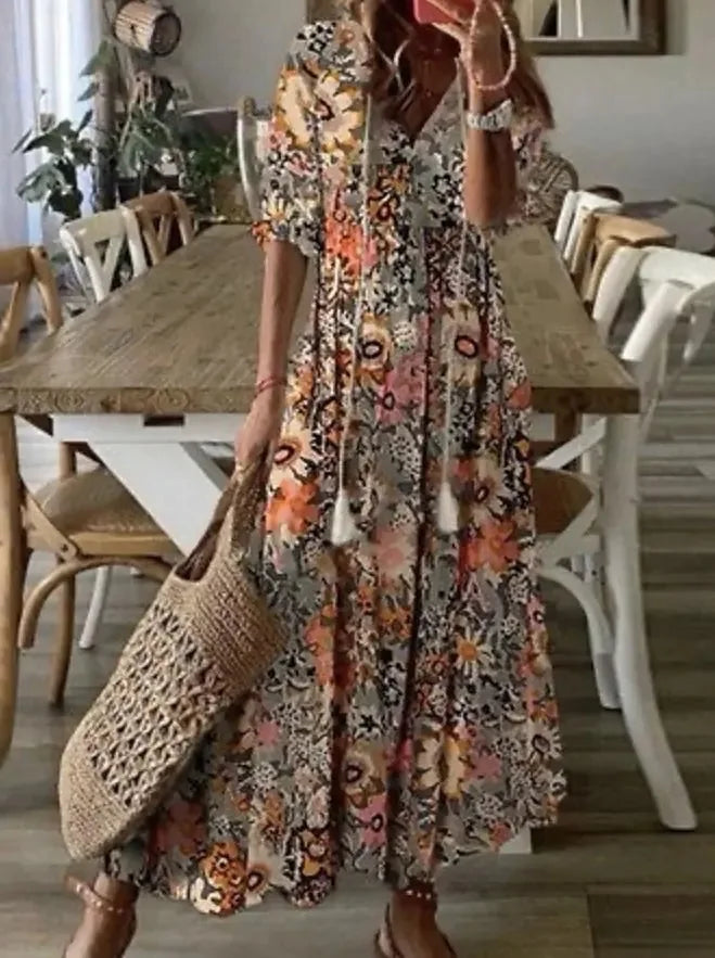 2024 Casual V-neck Drawstring Dress - Loose Sexy Print, Spring/Summer Fashion