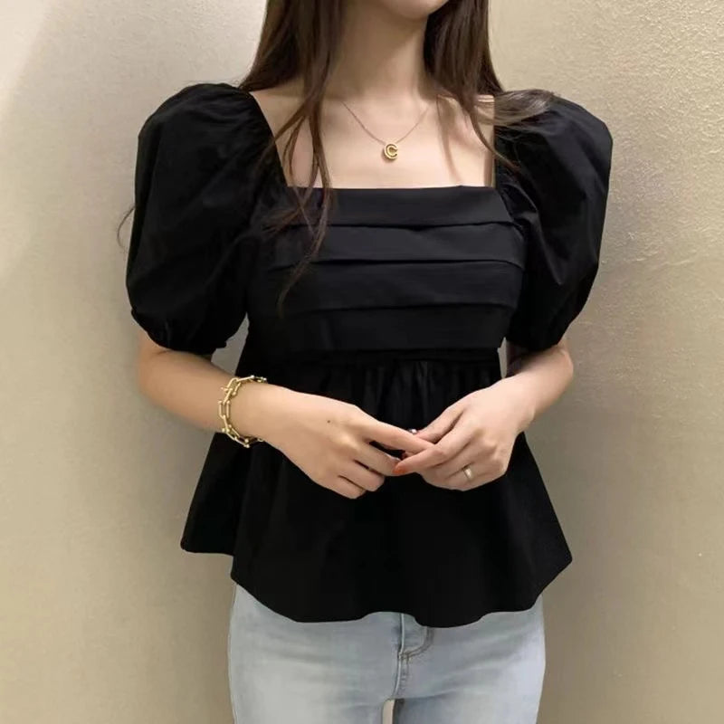 Women's Square Neck White Blouse - Elegant Puff Sleeve Casual Pleated Top