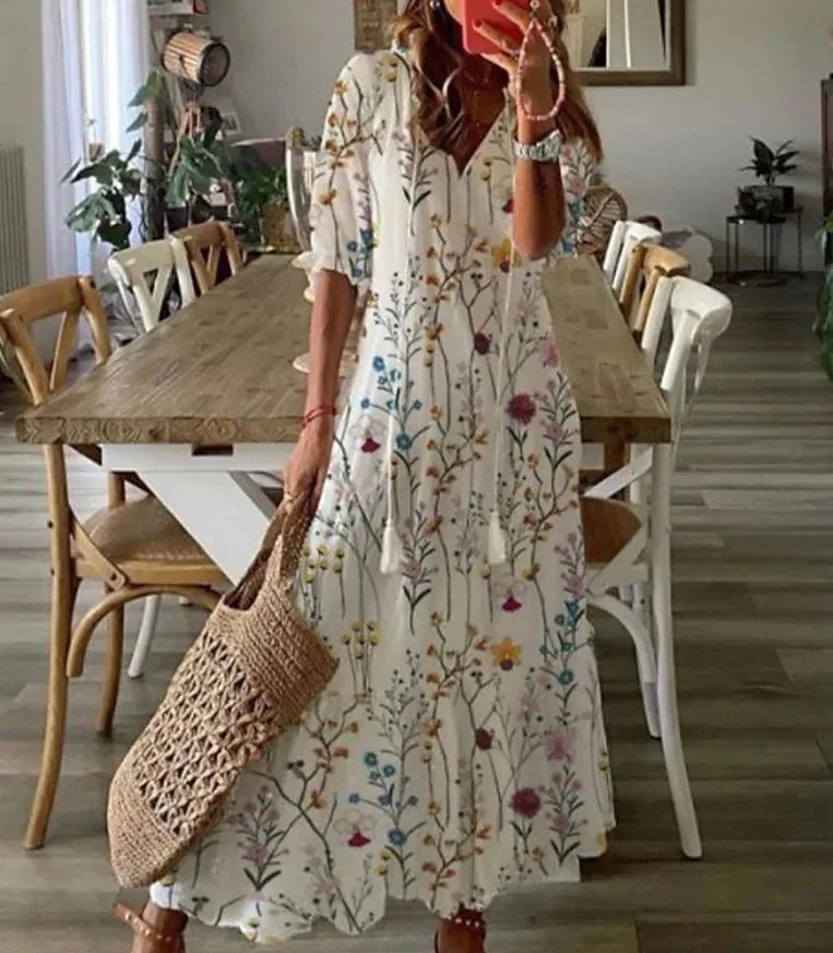 2024 Casual V-neck Drawstring Dress - Loose Sexy Print, Spring/Summer Fashion