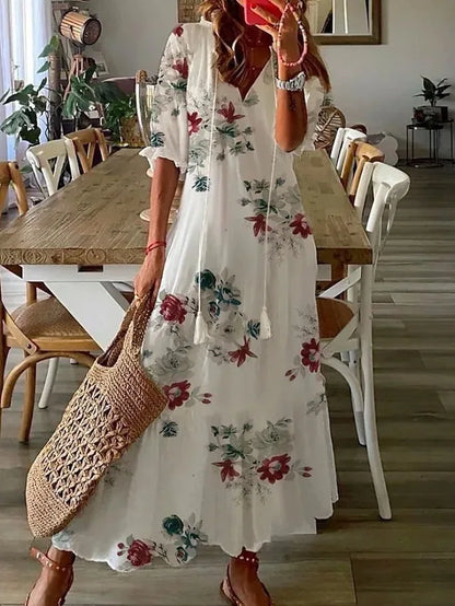 2024 Casual V-neck Drawstring Dress - Loose Sexy Print, Spring/Summer Fashion