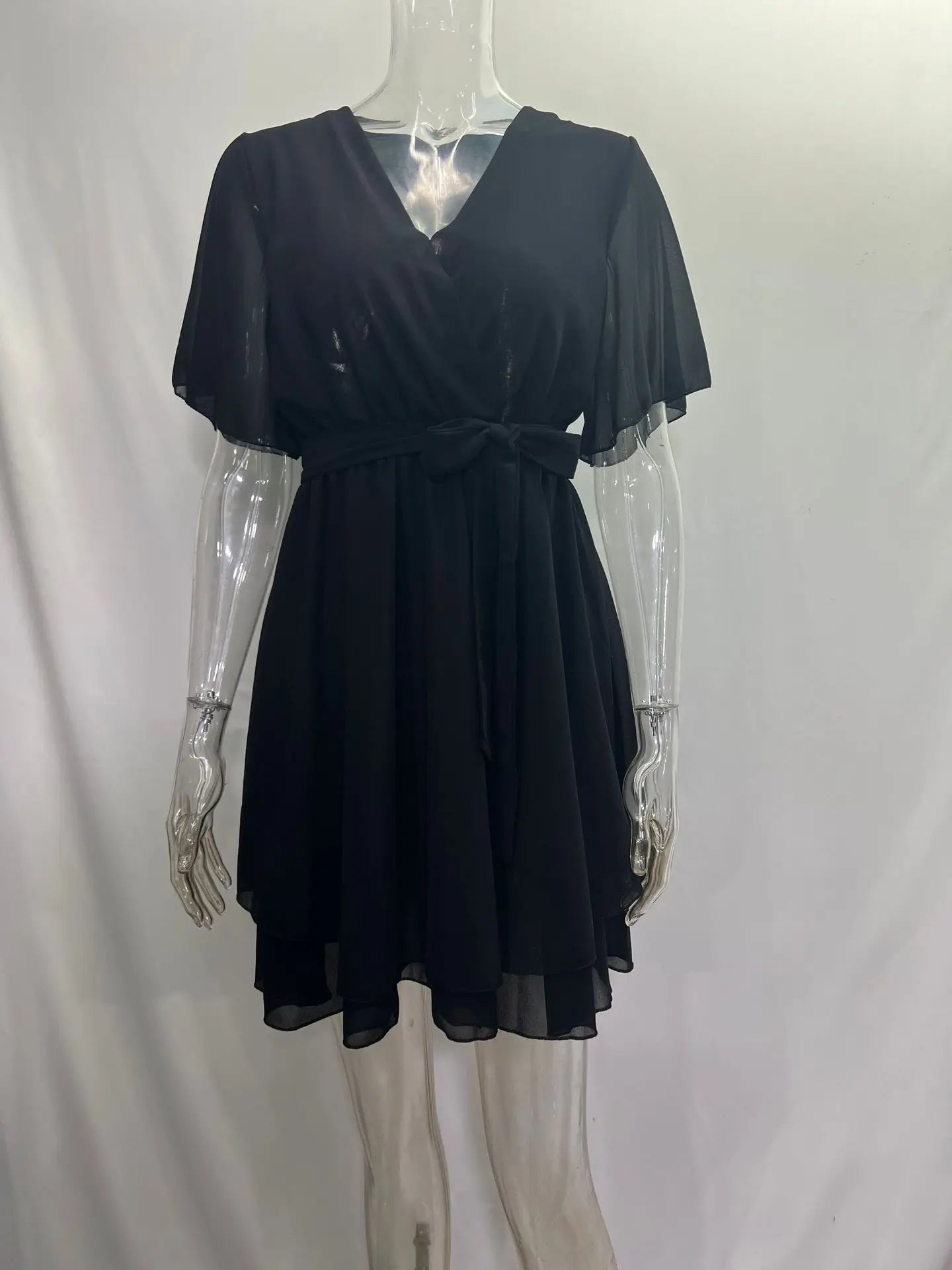 Summer Party Dress: Sexy V-neck, Cross Strap Mini with Ruffled Hem in White or Black Chiffon
