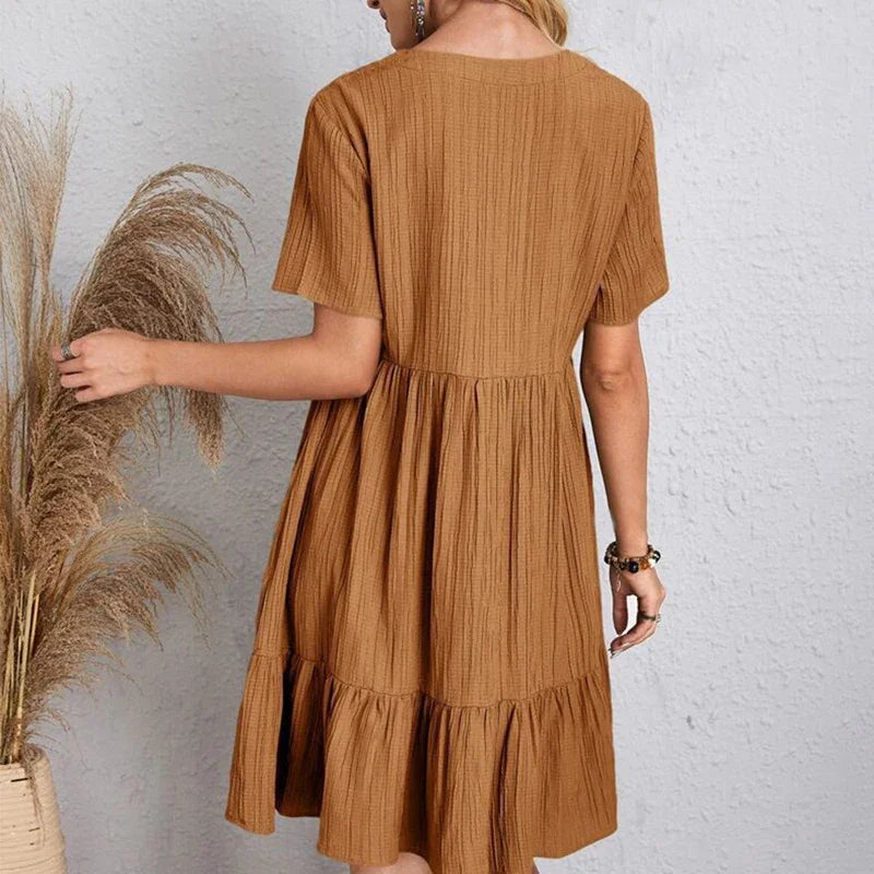 Elegant 2025 V-neck A-line Pleated Beach Dress - Solid Color