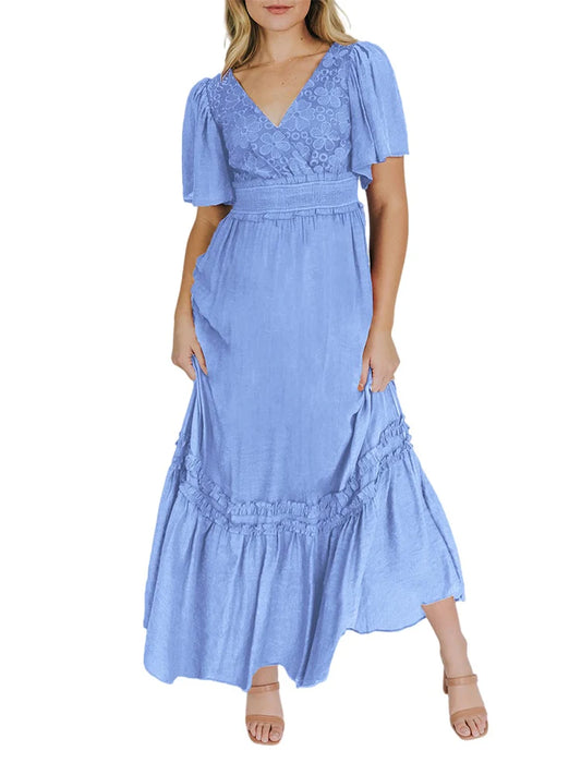Elegant Boho V Neck Lace Maxi Dress - Ideal for Wedding Guests