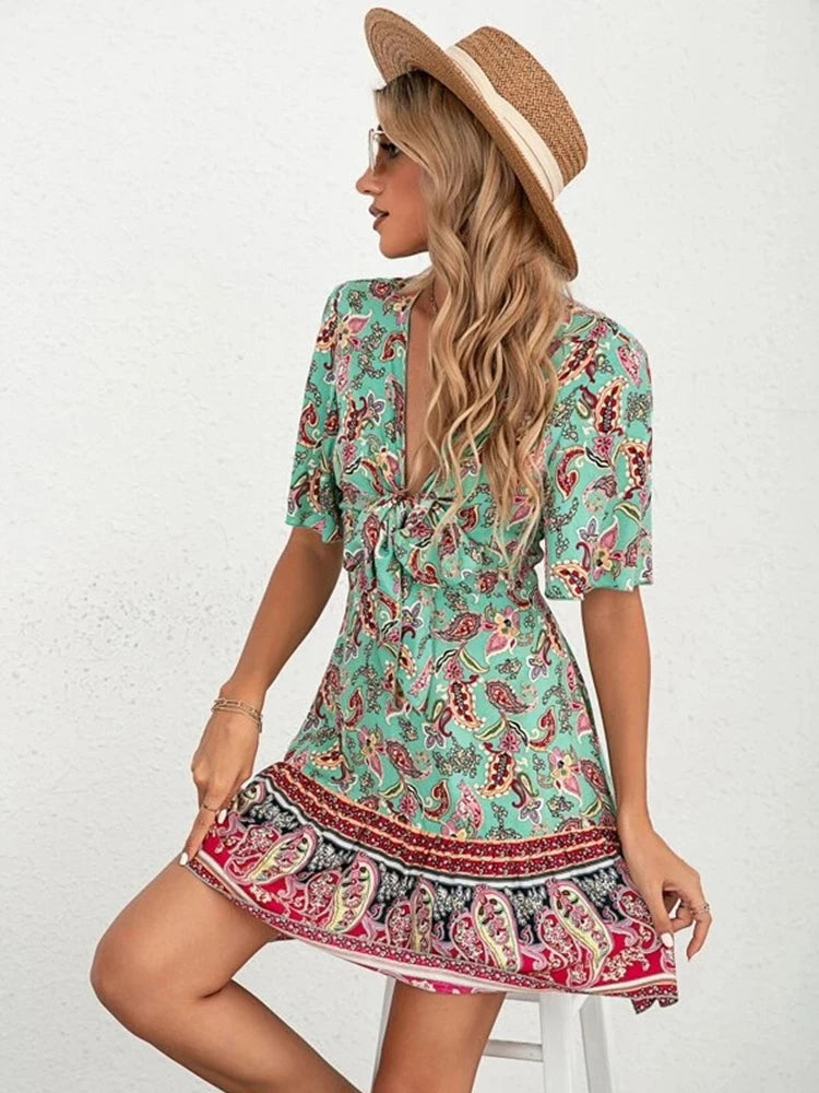 Boho Floral V-neck A-line Mini Dress with Flounce Sleeves and Lace-Up Waist