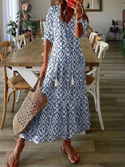 2024 Casual V-neck Drawstring Dress - Loose Sexy Print, Spring/Summer Fashion