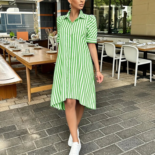 Women's Summer Dress: Short Sleeve Striped Shirt, Button Down, Lapel Top, Pocket, Party Evening Style
