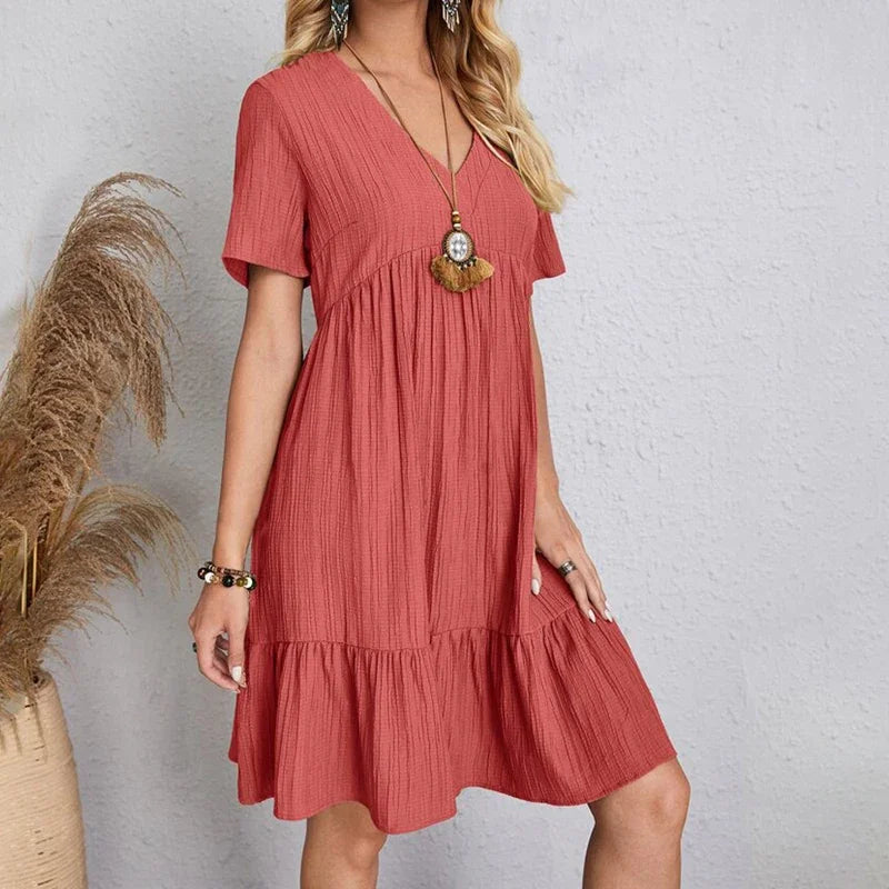 Elegant 2025 V-neck A-line Pleated Beach Dress - Solid Color