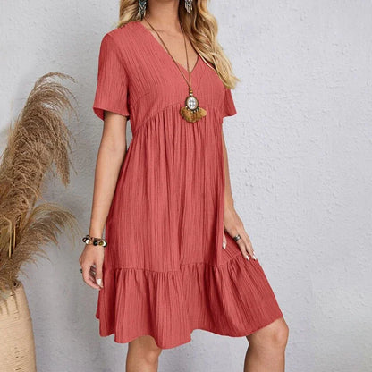 Elegant 2025 V-neck A-line Pleated Beach Dress - Solid Color