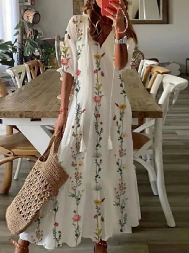 2024 Casual V-neck Drawstring Dress - Loose Sexy Print, Spring/Summer Fashion