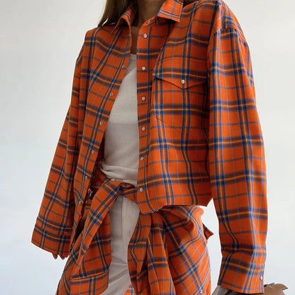 Women's Plaid Shirt Coats - Turn Down Collar, Loose Elegant Splice for Autumn