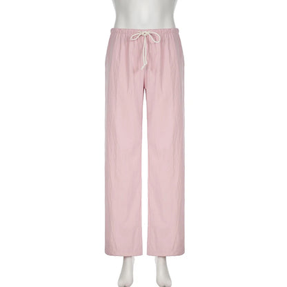 CIBBAR Low Rise Pink Drawstring Pants - Y2K See-Through Straight Trousers, Korean Style