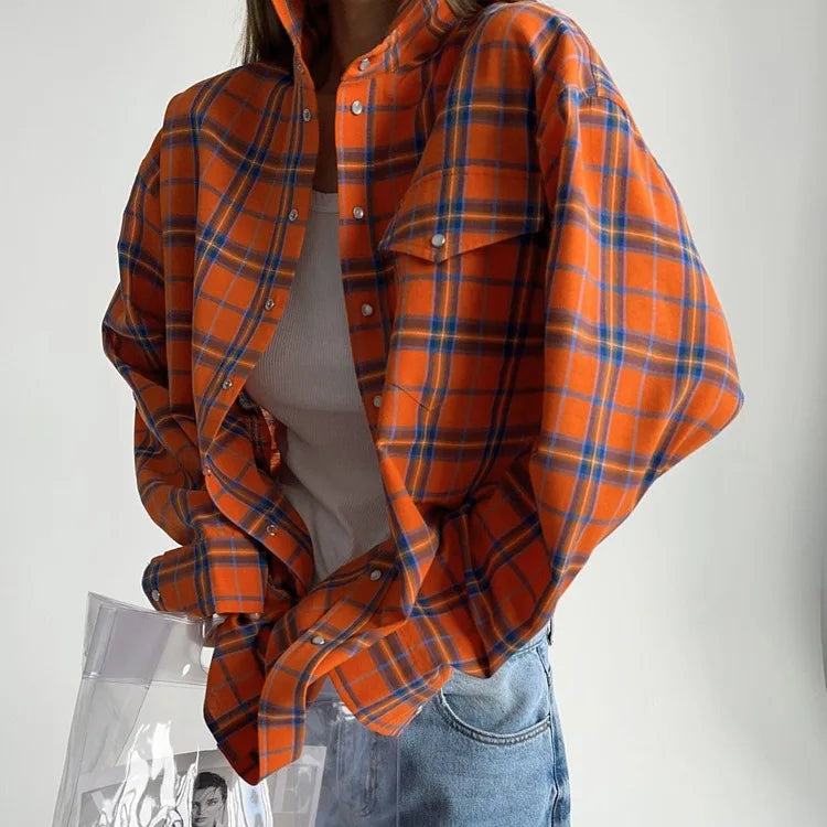 Women's Plaid Shirt Coats - Turn Down Collar, Loose Elegant Splice for Autumn