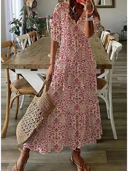 2024 Casual V-neck Drawstring Dress - Loose Sexy Print, Spring/Summer Fashion