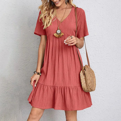Elegant 2025 V-neck A-line Pleated Beach Dress - Solid Color