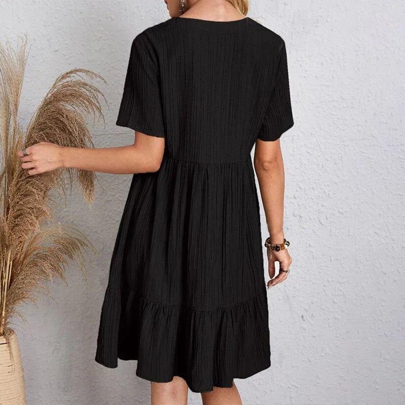 Elegant 2025 V-neck A-line Pleated Beach Dress - Solid Color