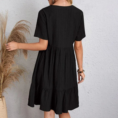 Elegant 2025 V-neck A-line Pleated Beach Dress - Solid Color