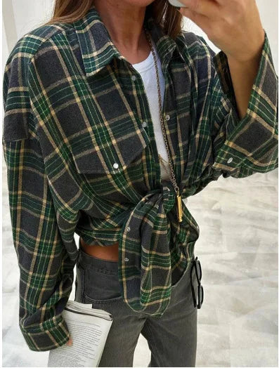 Women's Plaid Shirt Coats - Turn Down Collar, Loose Elegant Splice for Autumn