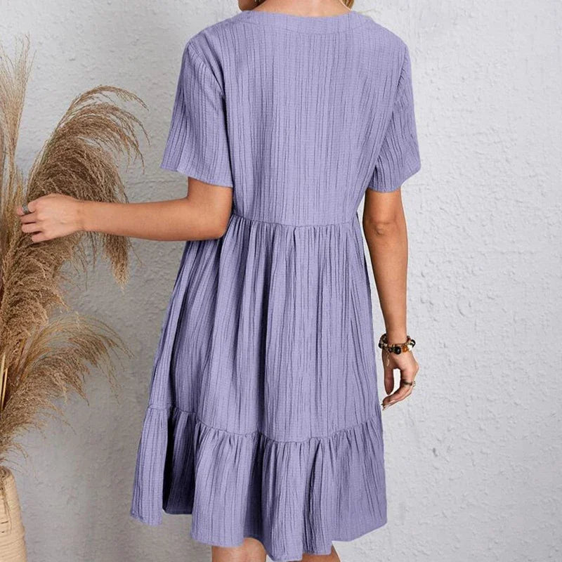 Elegant 2025 V-neck A-line Pleated Beach Dress - Solid Color