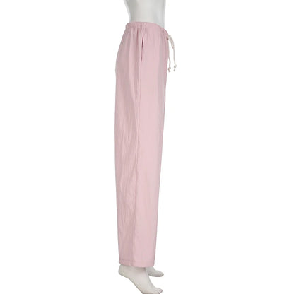 CIBBAR Low Rise Pink Drawstring Pants - Y2K See-Through Straight Trousers, Korean Style