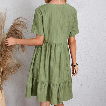 Elegant 2025 V-neck A-line Pleated Beach Dress - Solid Color