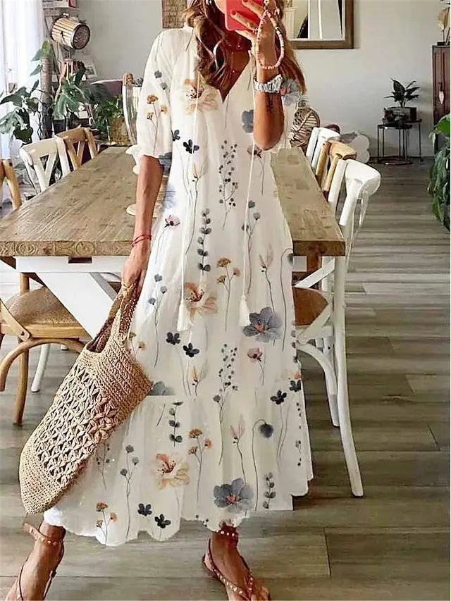 2024 Casual V-neck Drawstring Dress - Loose Sexy Print, Spring/Summer Fashion