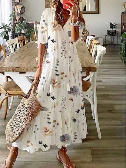 2024 Casual V-neck Drawstring Dress - Loose Sexy Print, Spring/Summer Fashion
