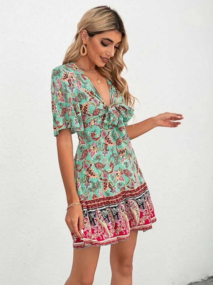 Boho Floral V-neck A-line Mini Dress with Flounce Sleeves and Lace-Up Waist