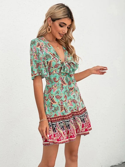Boho Floral V-neck A-line Mini Dress with Flounce Sleeves and Lace-Up Waist