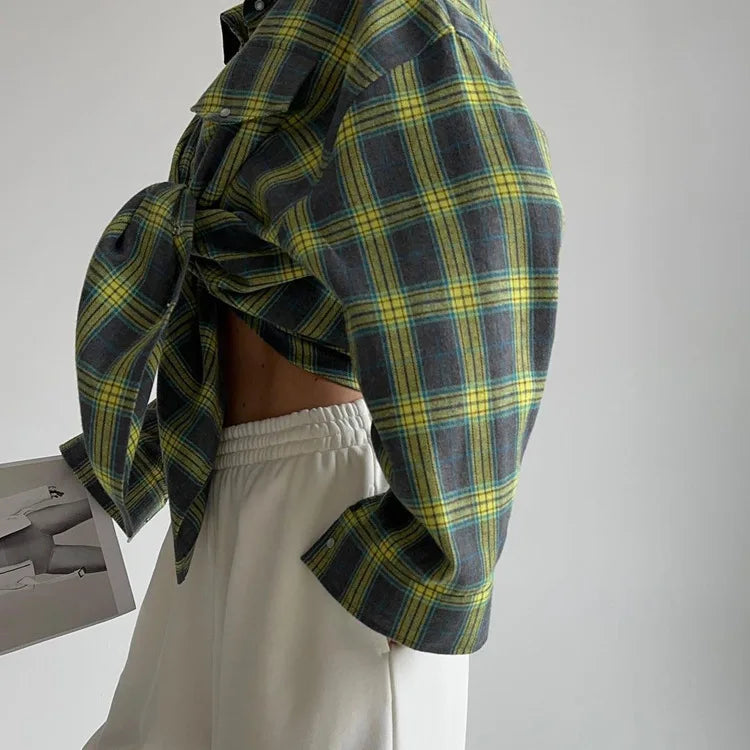 Women's Plaid Shirt Coats - Turn Down Collar, Loose Elegant Splice for Autumn