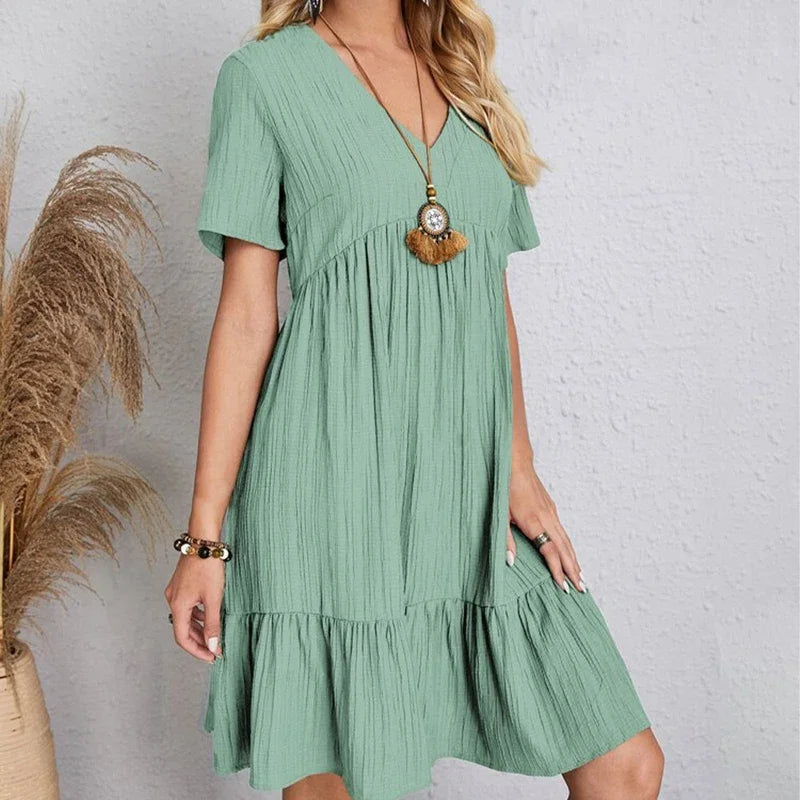 Elegant 2025 V-neck A-line Pleated Beach Dress - Solid Color