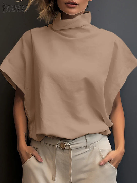 ZANZEA Turtleneck Blouse - 2025 Cap Sleeve Streetwear, Casual Chic