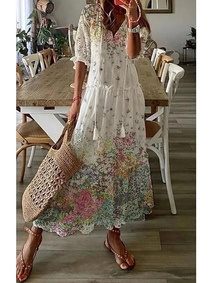 2024 Casual V-neck Drawstring Dress - Loose Sexy Print, Spring/Summer Fashion