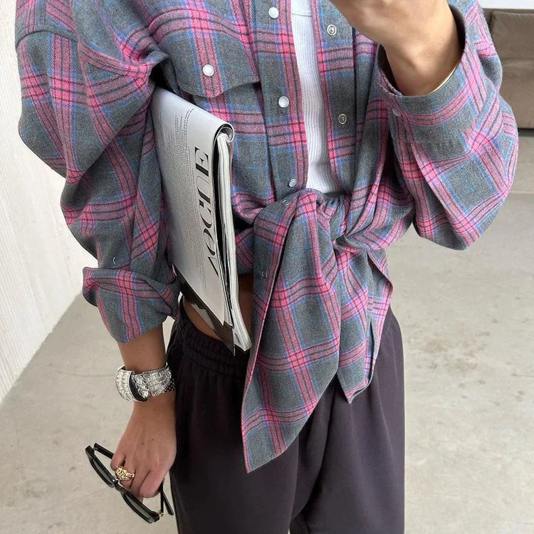 Women's Plaid Shirt Coats - Turn Down Collar, Loose Elegant Splice for Autumn