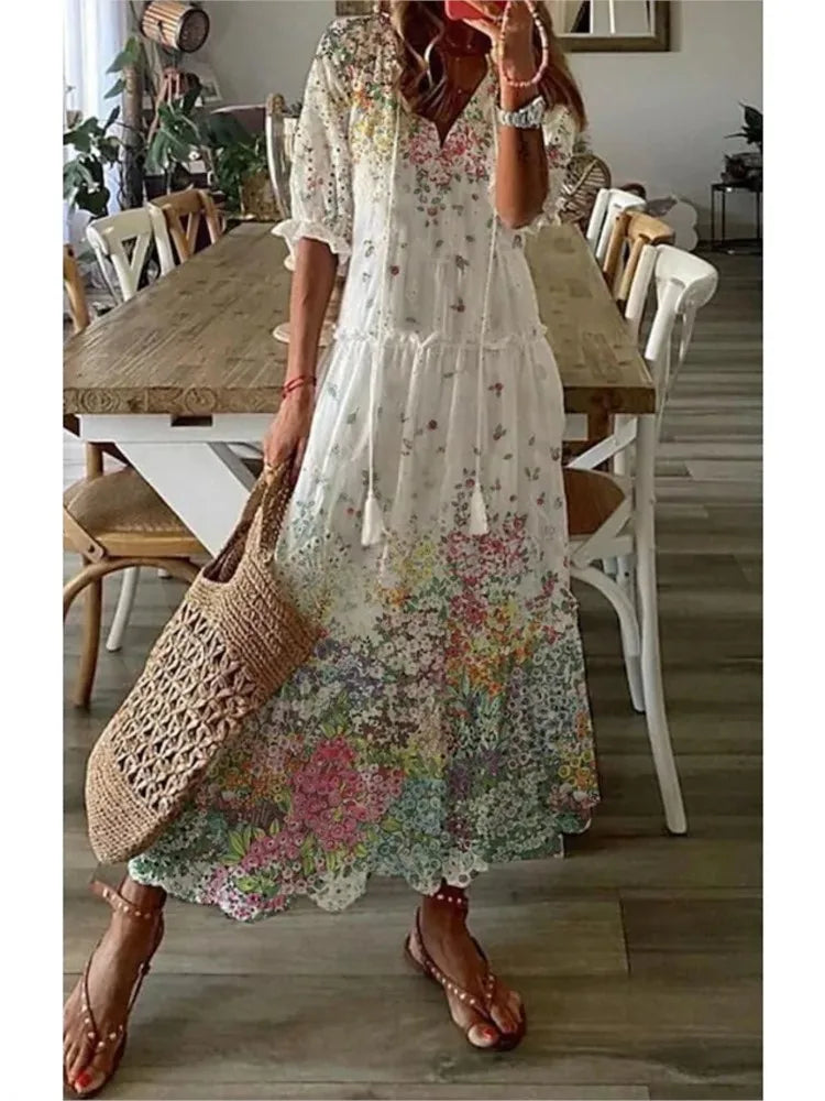 2024 Casual V-neck Drawstring Dress - Loose Sexy Print, Spring/Summer Fashion