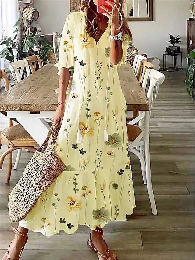 2024 Casual V-neck Drawstring Dress - Loose Sexy Print, Spring/Summer Fashion