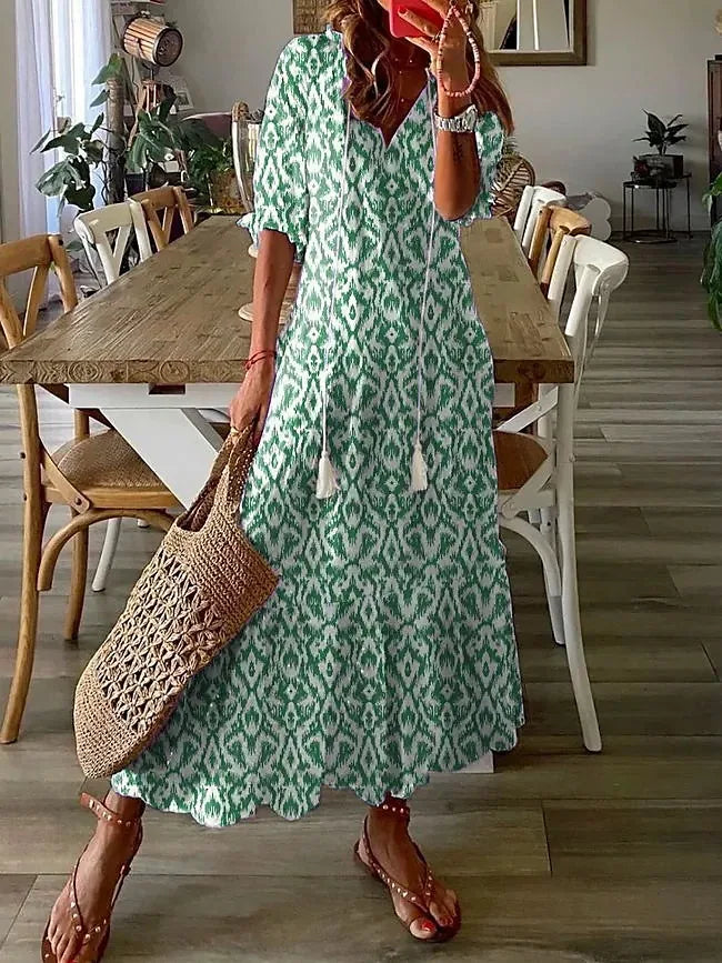 2024 Casual V-neck Drawstring Dress - Loose Sexy Print, Spring/Summer Fashion