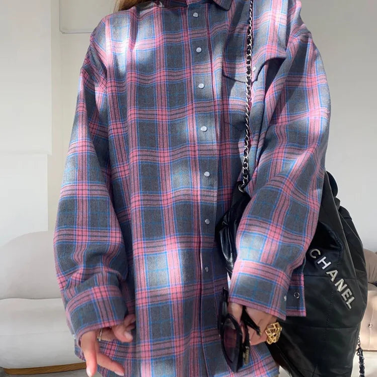 Women's Plaid Shirt Coats - Turn Down Collar, Loose Elegant Splice for Autumn