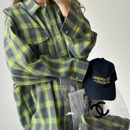 Women's Plaid Shirt Coats - Turn Down Collar, Loose Elegant Splice for Autumn